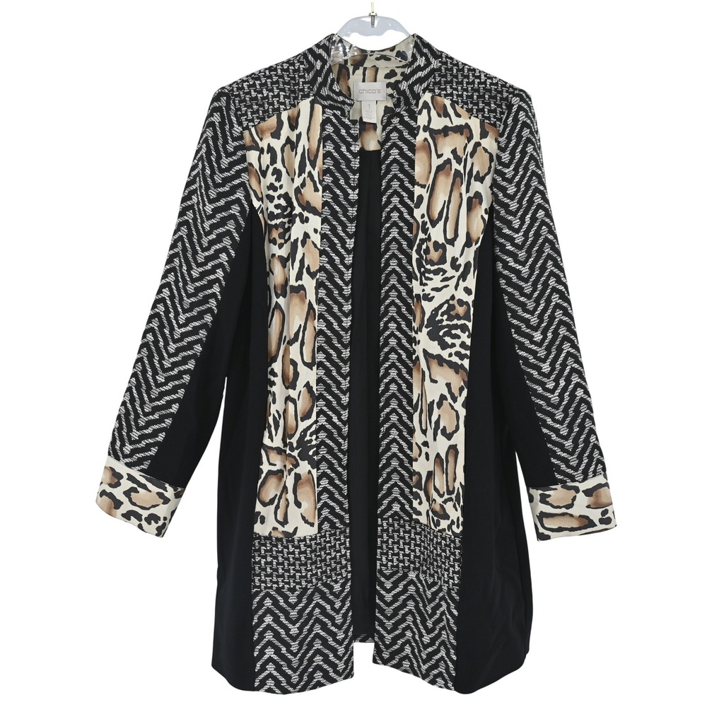 Retail $150 Chicos Leopard Chevron Mixed Print Open Front Longline Womens Jacket